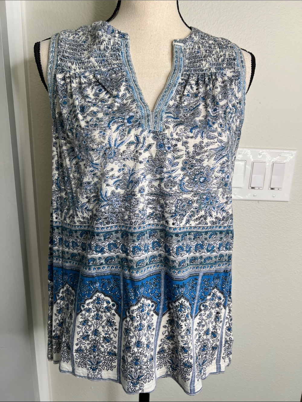 Lucky Brand Blue and White Floral Smocked Tank